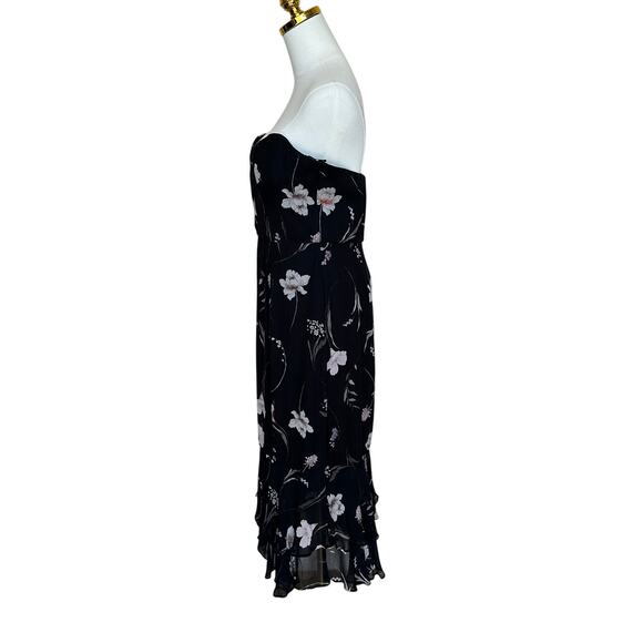 Katie May Black Floral Bustier Midi Dress LARGE Chiffon Strapless Cocktail $365 - Picture 7 of 9